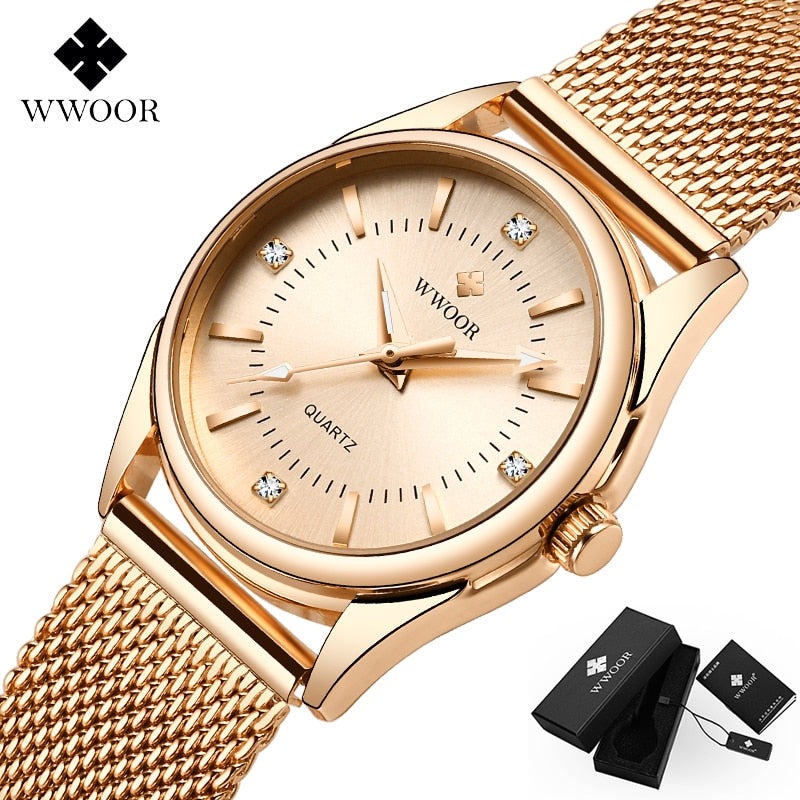 Vestido de  marca de luxo relógio de ouro feminino elegante diamante