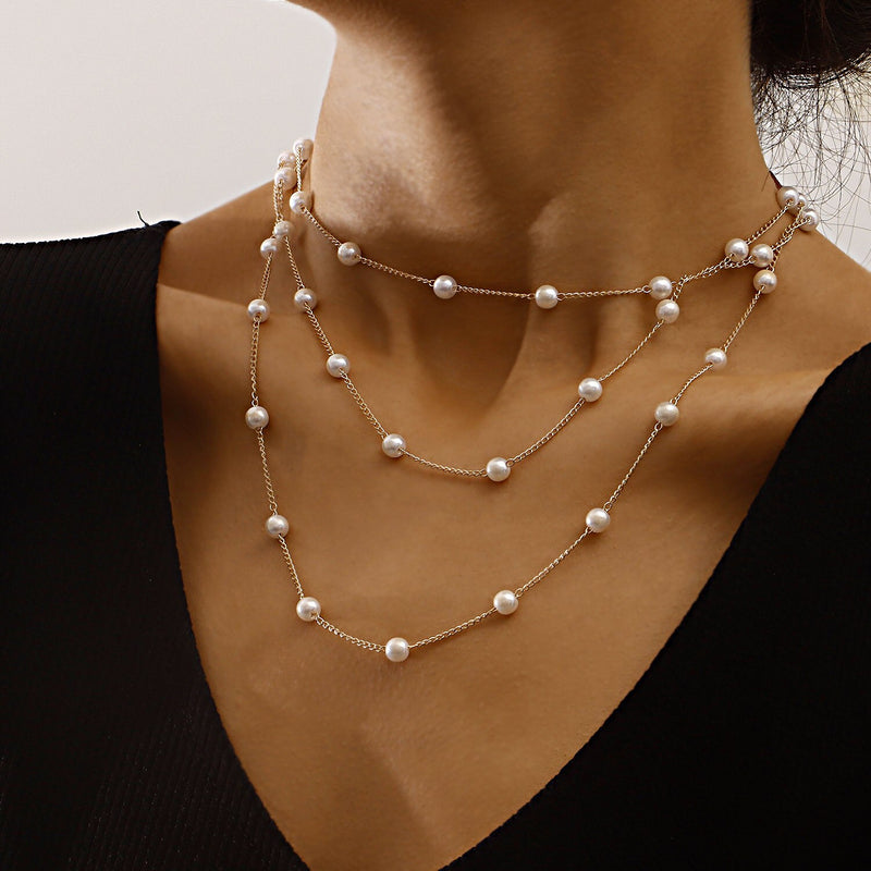 Colar Feminino Multicamadas Design Costura Corrente Imitação de Pérolas Pingente Colar Gargantilha Feminina Moda Jóias