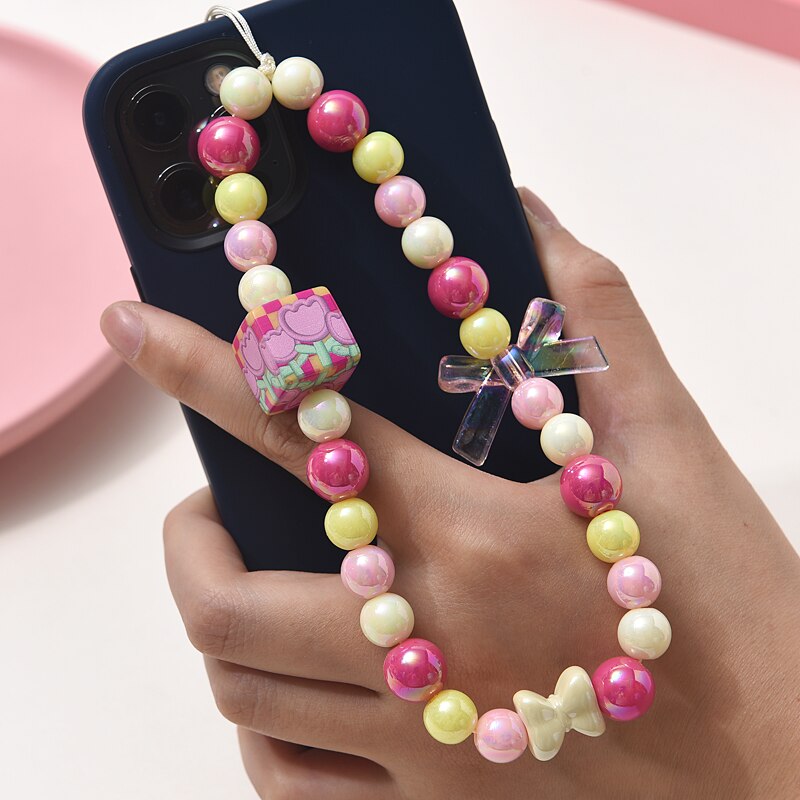 Corrente para Celular Doce Bonito Formato de Coração Borboleta Frisado com Cordão para Pendurar
