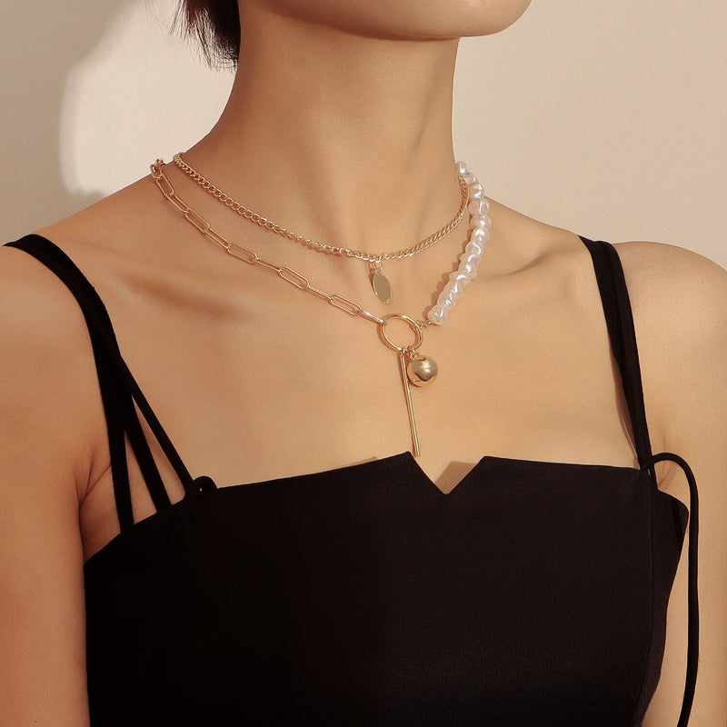 Colar Feminino Multicamadas Design Costura Corrente Imitação de Pérolas Pingente Colar Gargantilha Feminina Moda Jóias