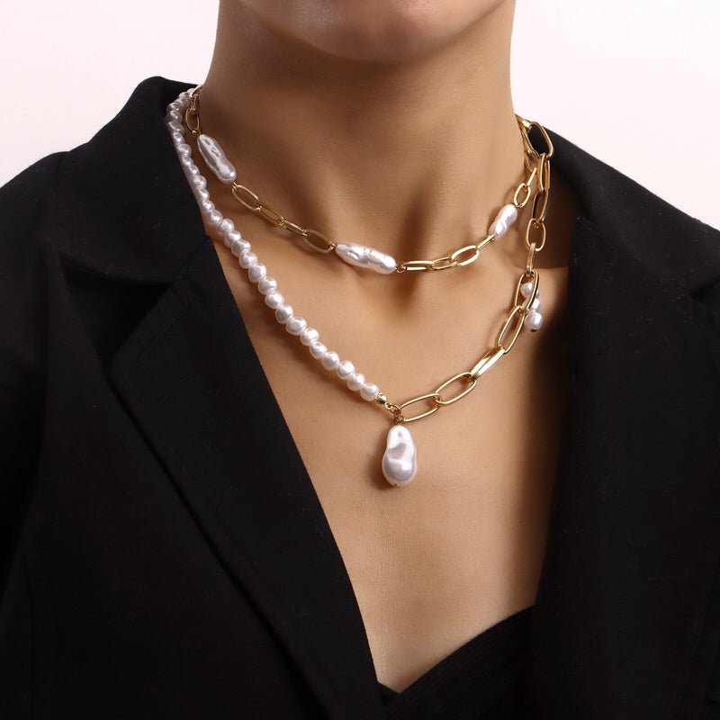 Colar Feminino Multicamadas Design Costura Corrente Imitação de Pérolas Pingente Colar Gargantilha Feminina Moda Jóias
