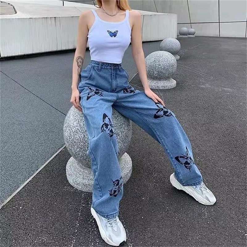 Calças jeans femininas de cintura alta com estampa de borboleta