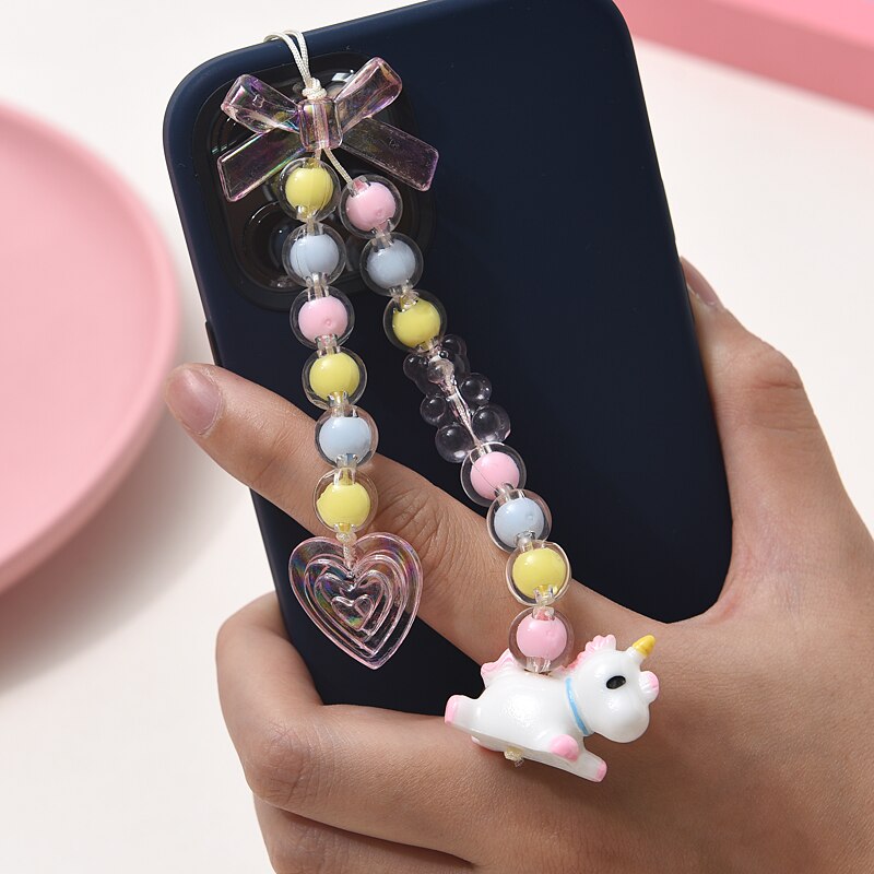 Corrente para Celular Doce Bonito Formato de Coração Borboleta Frisado com Cordão para Pendurar